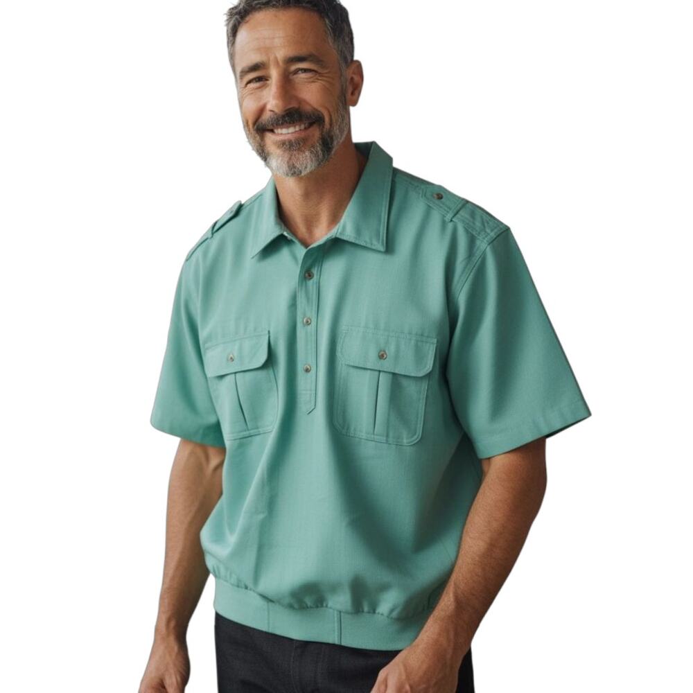 John Blair Safari Utility Shirt 2XL Teal Pullover Camp Shirt Pockets Mens